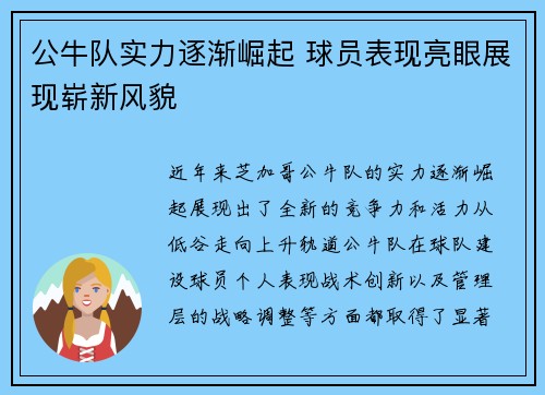 公牛队实力逐渐崛起 球员表现亮眼展现崭新风貌