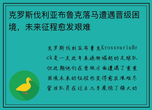 克罗斯伐利亚布鲁克落马遭遇晋级困境，未来征程愈发艰难